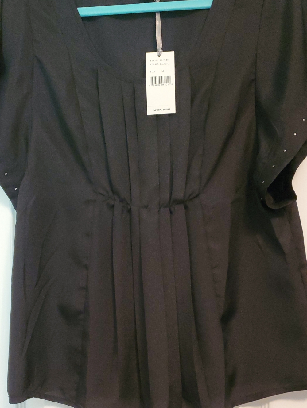 Isabella Rodriguez Black Pleated Short-Sleeve Blouse